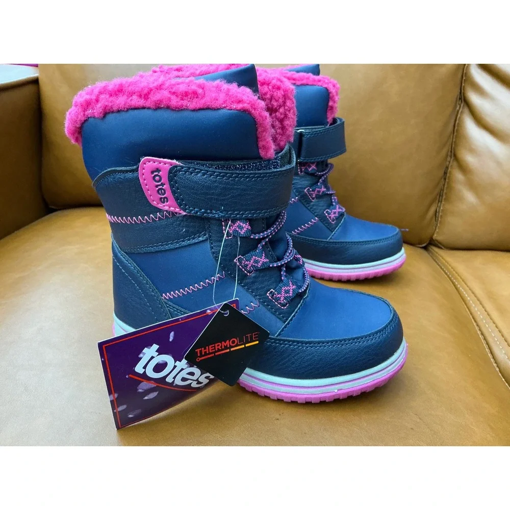 Totes Bailey 2 Snow Boots Kids Size 12 Navy Pink New Thermolite Insulated